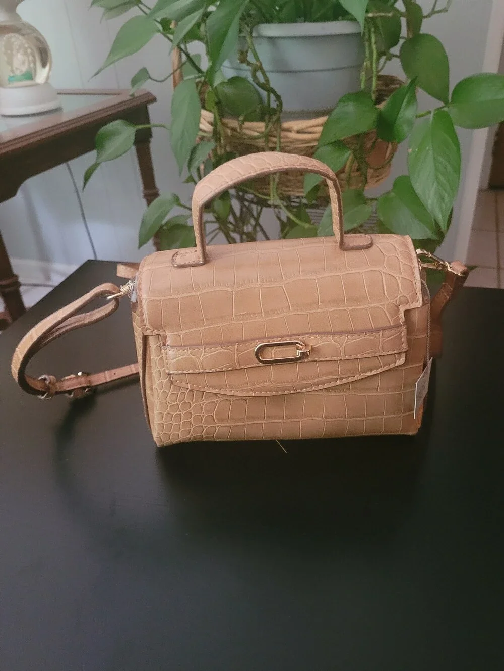 Tan Croc-Embossed Faux Leather Top Handle Satchel With Attachable Crossbody
